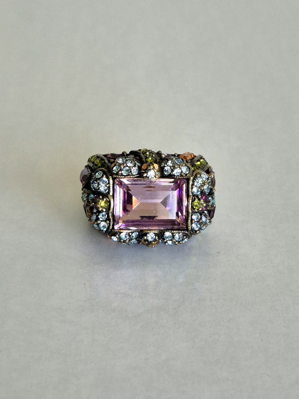 Hedi Daus Vintage Multicolor Crystals & Large Rectangular Center Stone Ring 5.5